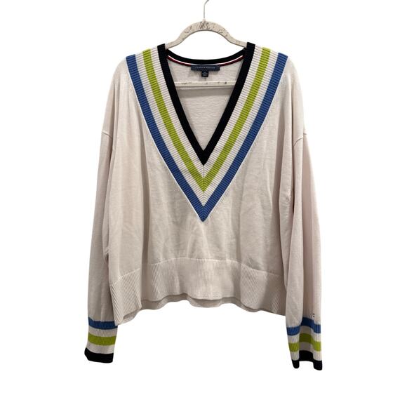 Tommy Hilfiger Sweater Size XXL 2XL White V-Neck Cotton Blend Striped - Picture 1 of 7